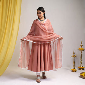 Lace Work Peach Plain Cotton Anarkali Kurta with Dupatta Set
