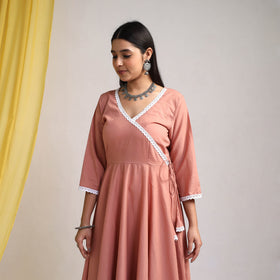 Lace Work Peach Plain Cotton Anarkali Kurta with Dupatta Set