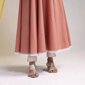 Lace Work Peach Plain Cotton Anarkali Kurta with Dupatta Set