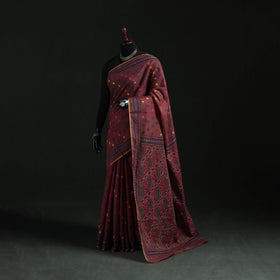 Maroon - Bengal Kantha Hand Embroidery Silk Cotton Chapa Work Saree 58