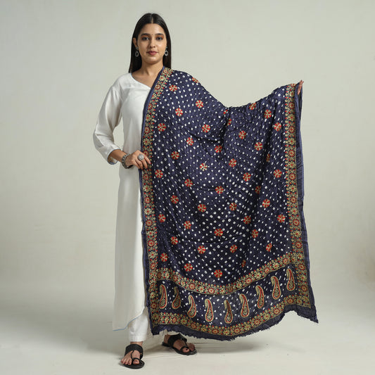 Blue - Kutch Bandhani Tie-Dye Modal Silk Zari Work Dupatta 65