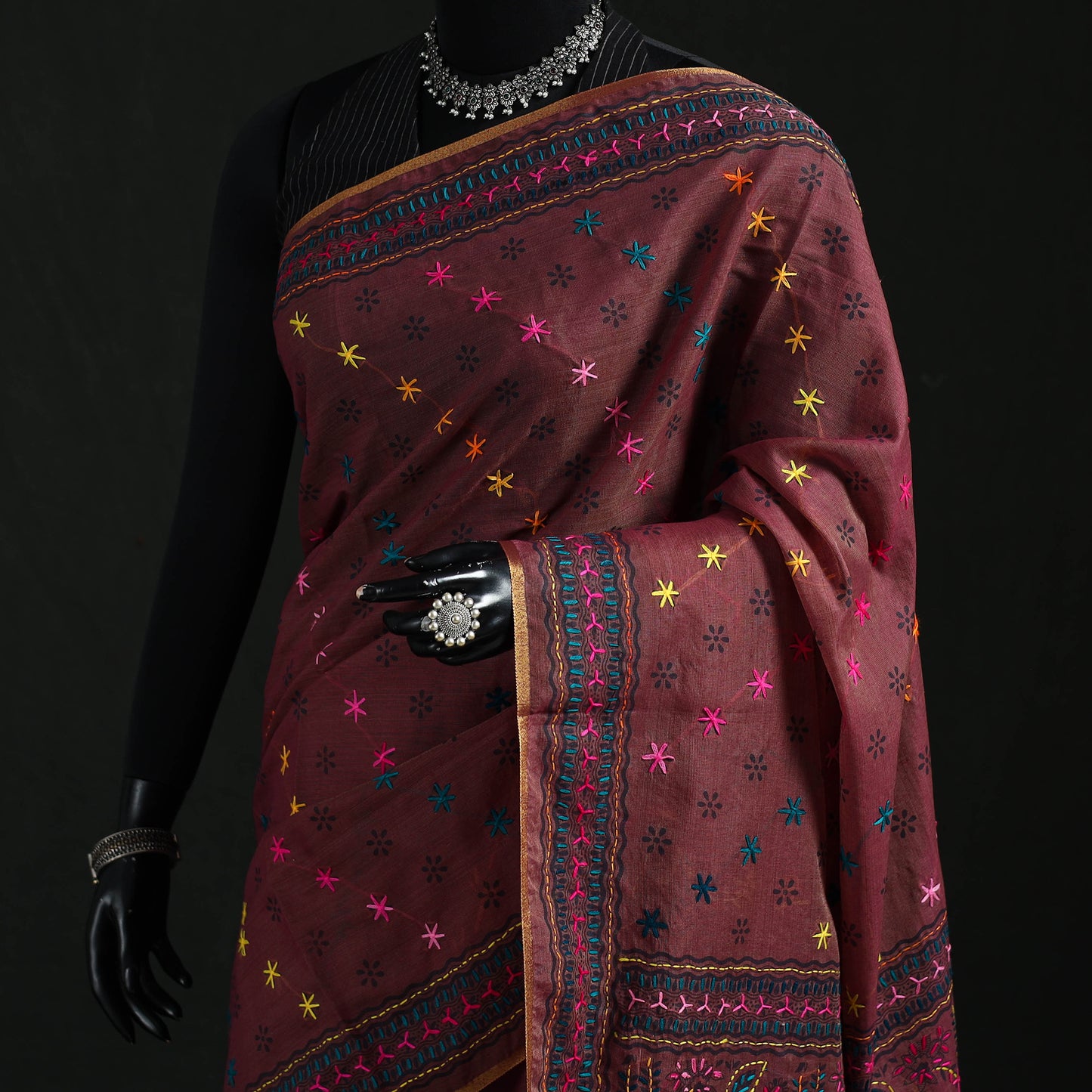Maroon - Bengal Kantha Hand Embroidery Silk Cotton Chapa Work Saree 58