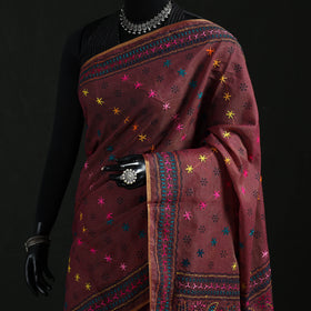 Maroon - Bengal Kantha Hand Embroidery Silk Cotton Chapa Work Saree 58
