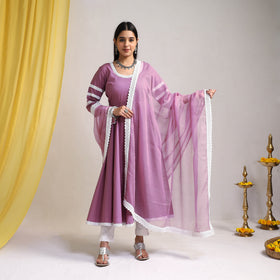 Lace Work Lilac Purple Plain Cotton Anarkali Kurta with Dupatta Set