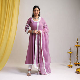 Lace Work Lilac Purple Plain Cotton Anarkali Kurta with Dupatta Set