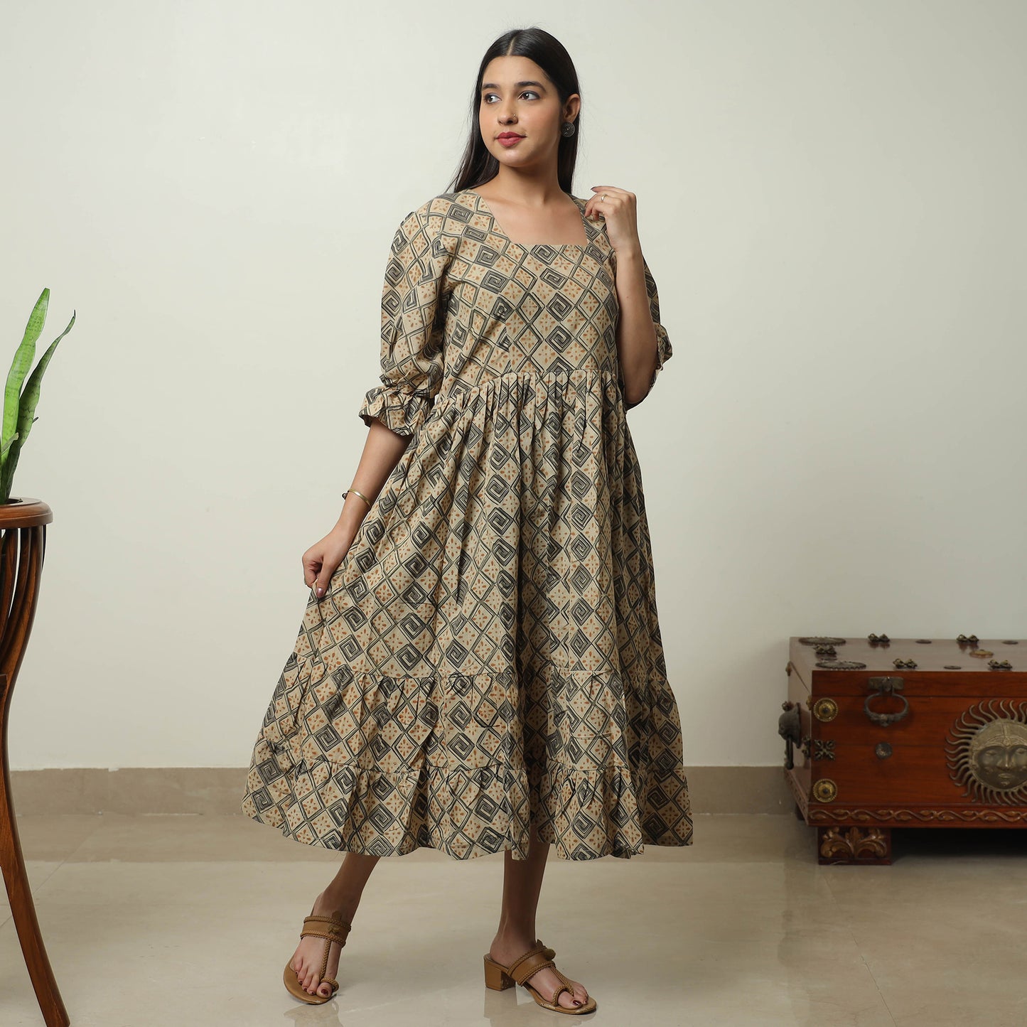 Beige - Kalamkari Block Printed Cotton Tiered Dress 08