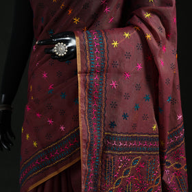 Maroon - Bengal Kantha Hand Embroidery Silk Cotton Chapa Work Saree 58