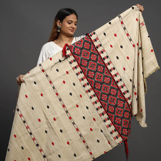 Beige - Assamese Gero Design Mising Eri Silk Handloom Shawl cum Stole