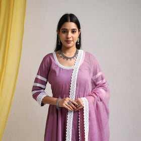Lace Work Lilac Purple Plain Cotton Anarkali Kurta with Dupatta Set