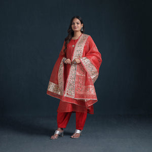 Gota Work Zari Checks Kota Doria Silk Suit Set with Dupatta for Women 29