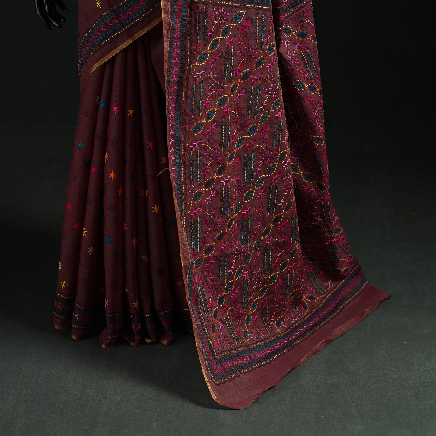 Maroon - Bengal Kantha Hand Embroidery Silk Cotton Chapa Work Saree 58