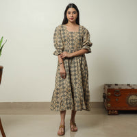 Beige - Kalamkari Block Printed Cotton Tiered Dress 08