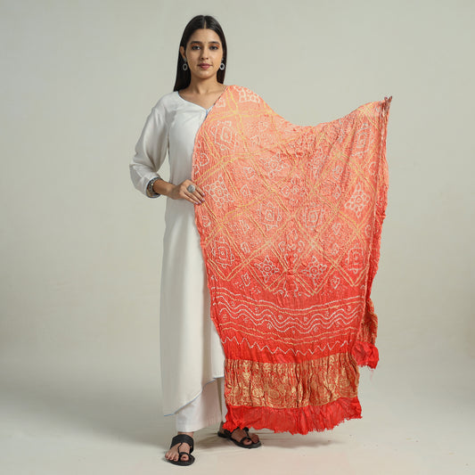 Peach -Kutch Bandhani Tie-Dye Modal Silk Zari Border Dupatta 66