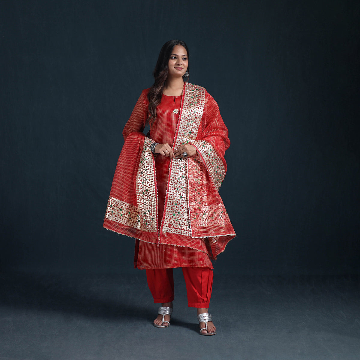 Gota Work Zari Checks Kota Doria Silk Suit Set with Dupatta for Women 29