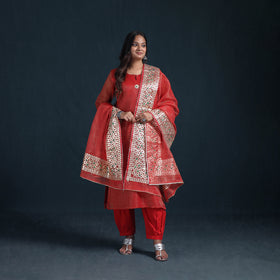 Gota Work Zari Checks Kota Doria Silk Suit Set with Dupatta for Women 29