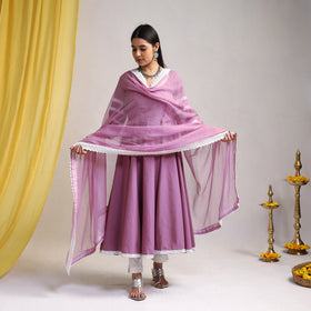 Lace Work Lilac Purple Plain Cotton Anarkali Kurta with Dupatta Set