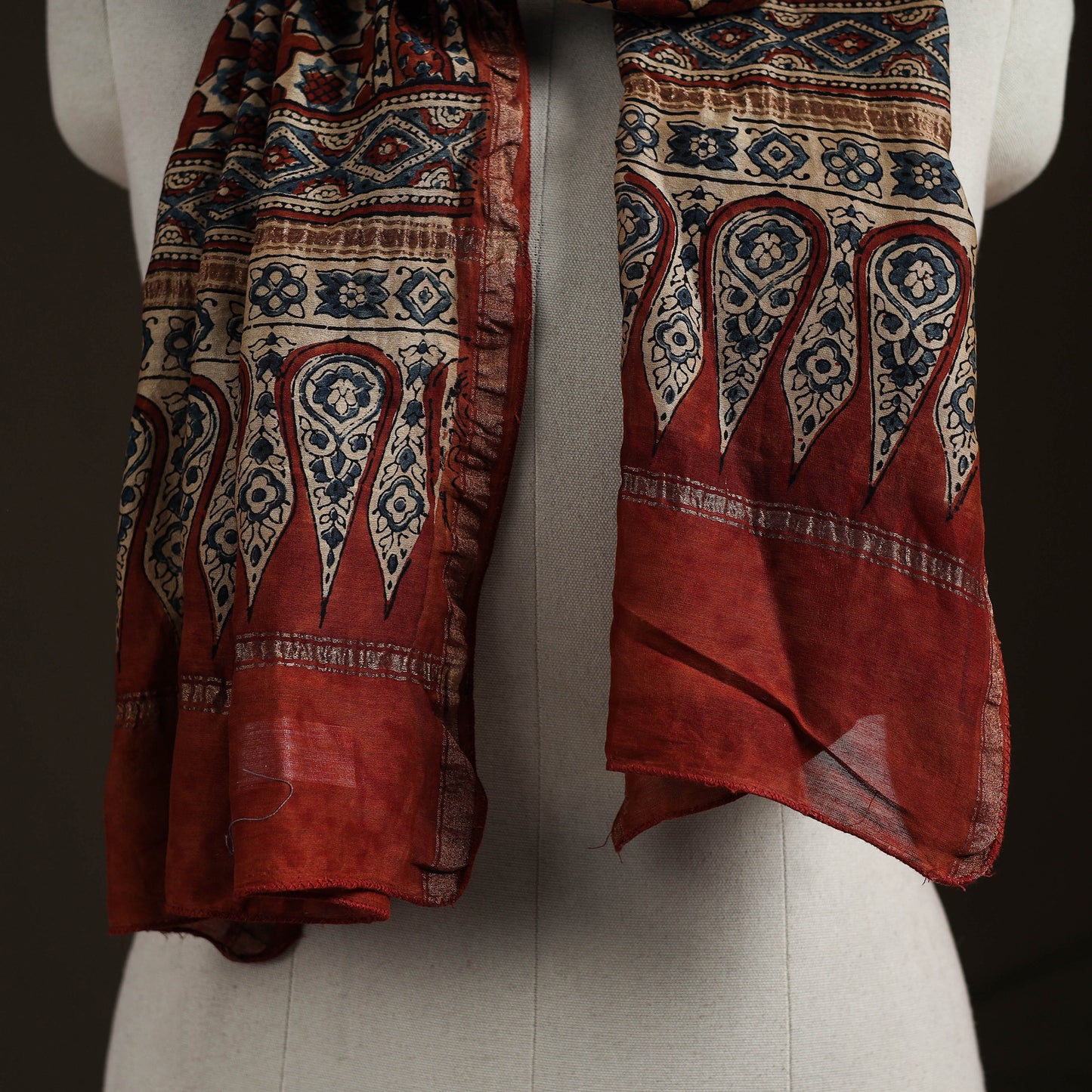 Handloom Chanderi Silk Ajrakh Hand Block Print Natural Dyed Stole 09