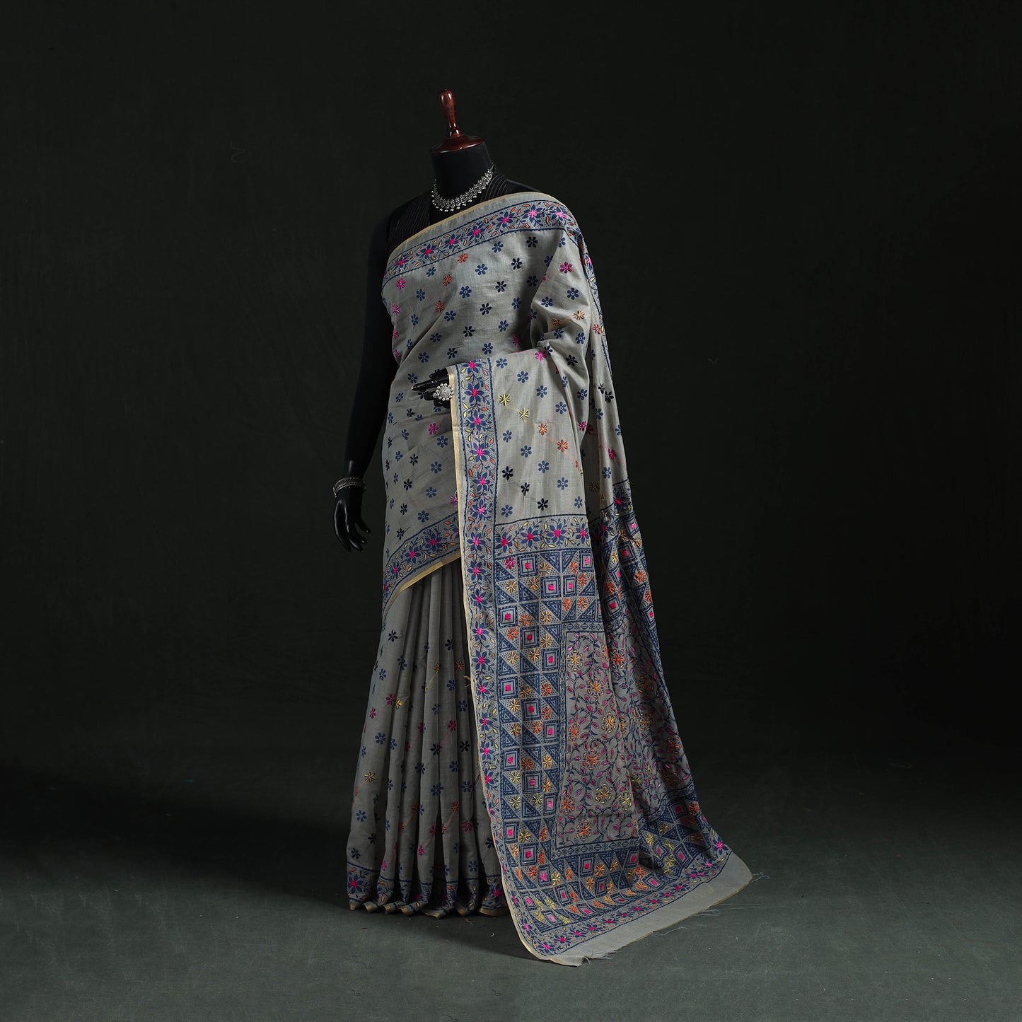 Gray - Bengal Kantha Hand Embroidery Silk Cotton Chapa Work Saree 59