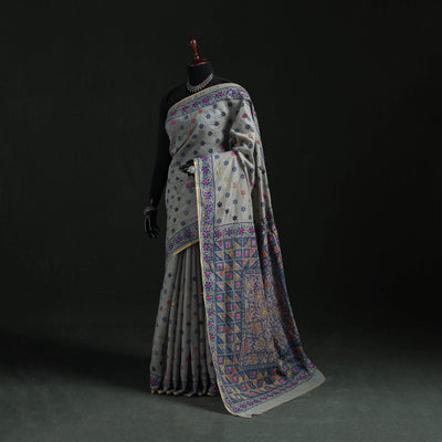 Gray - Bengal Kantha Hand Embroidery Silk Cotton Chapa Work Saree 59