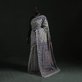 Gray - Bengal Kantha Hand Embroidery Silk Cotton Chapa Work Saree 59