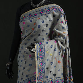 Gray - Bengal Kantha Hand Embroidery Silk Cotton Chapa Work Saree 59