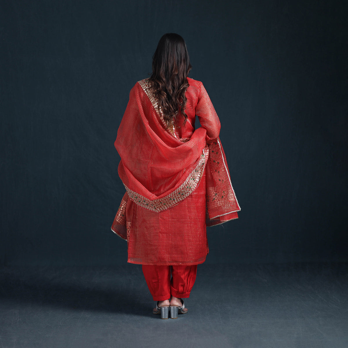 Gota Work Zari Checks Kota Doria Silk Suit Set with Dupatta for Women 29