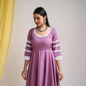 Lace Work Lilac Purple Plain Cotton Anarkali Kurta with Dupatta Set