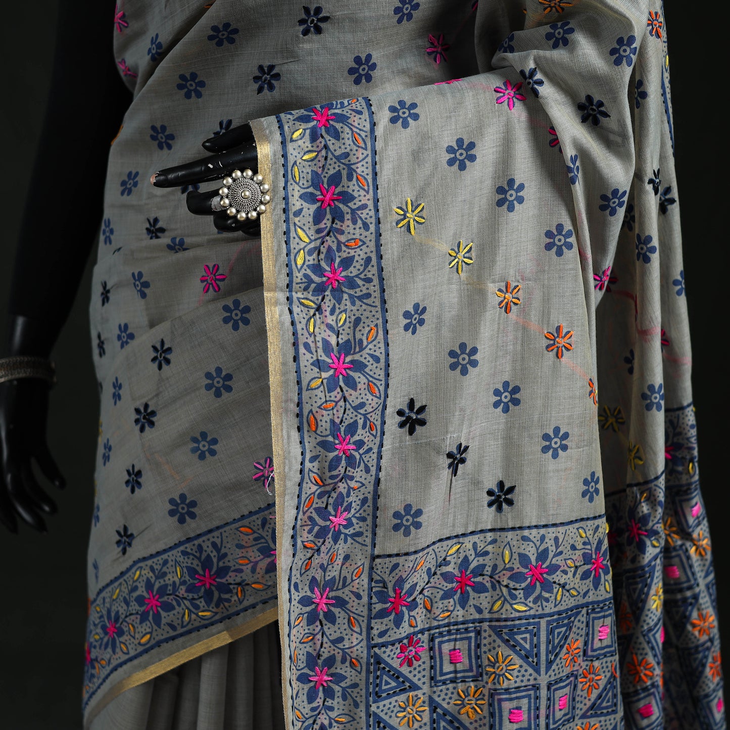 Gray - Bengal Kantha Hand Embroidery Silk Cotton Chapa Work Saree 59