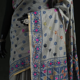 Gray - Bengal Kantha Hand Embroidery Silk Cotton Chapa Work Saree 59