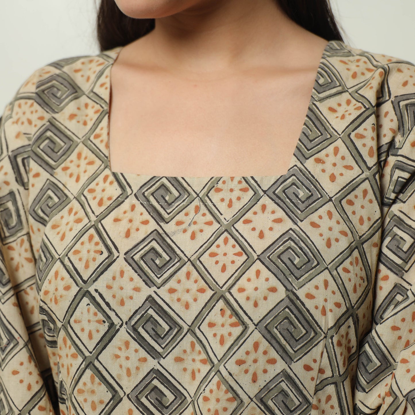 Beige - Kalamkari Block Printed Cotton Tiered Dress 08