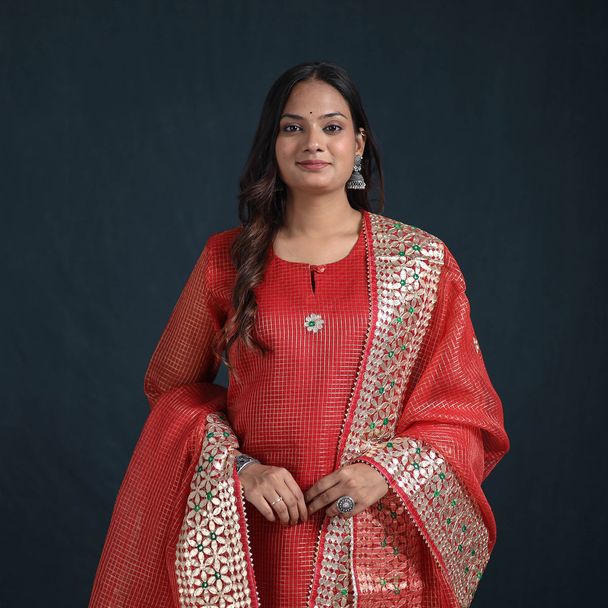 Gota Work Zari Checks Kota Doria Silk Suit Set with Dupatta for Women 29