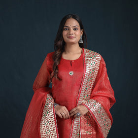 Gota Work Zari Checks Kota Doria Silk Suit Set with Dupatta for Women 29