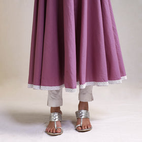 Lace Work Lilac Purple Plain Cotton Anarkali Kurta with Dupatta Set