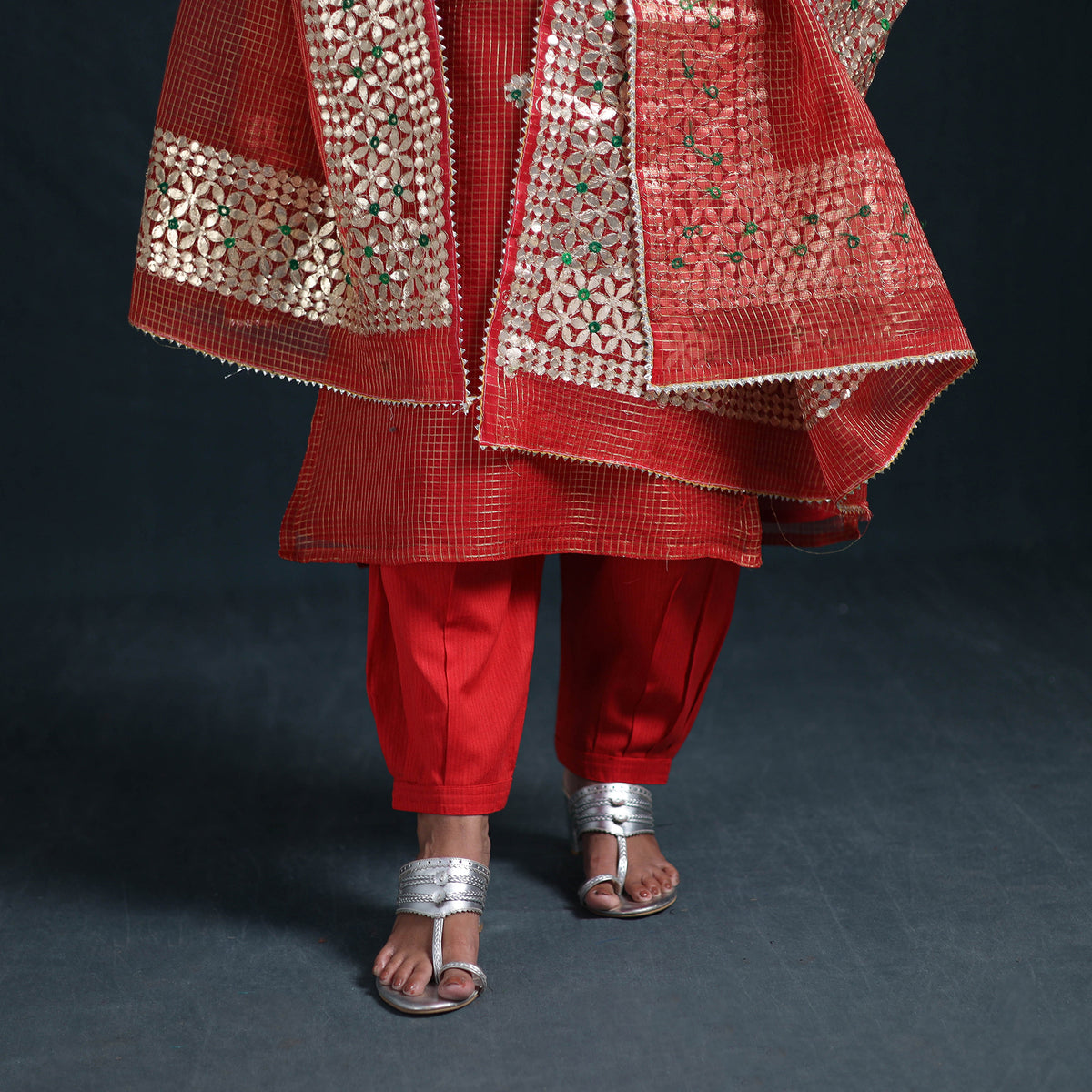 Gota Work Zari Checks Kota Doria Silk Suit Set with Dupatta for Women 29