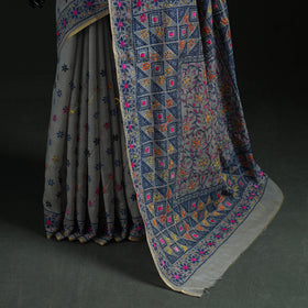 Gray - Bengal Kantha Hand Embroidery Silk Cotton Chapa Work Saree 59