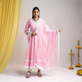 Lace Work Baby Pink Plain Cotton Anarkali Kurta with Dupatta Set