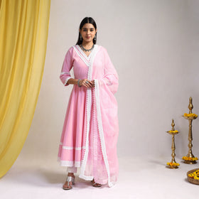 Lace Work Baby Pink Plain Cotton Anarkali Kurta with Dupatta Set
