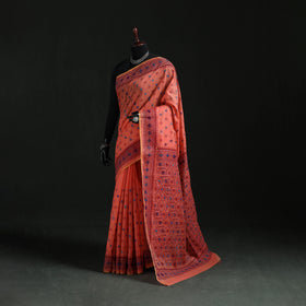Peach - Bengal Kantha Hand Embroidery Silk Cotton Chapa Work Saree 60