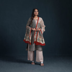 Black - Sequin Work Bagru Hand Block Print Chanderi Silk Suit Set with Dupatta for Women 16
