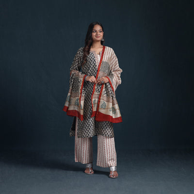 Sequin Work Bagru Hand Block Print Chanderi Silk Suit Set with Dupatta for Women 16