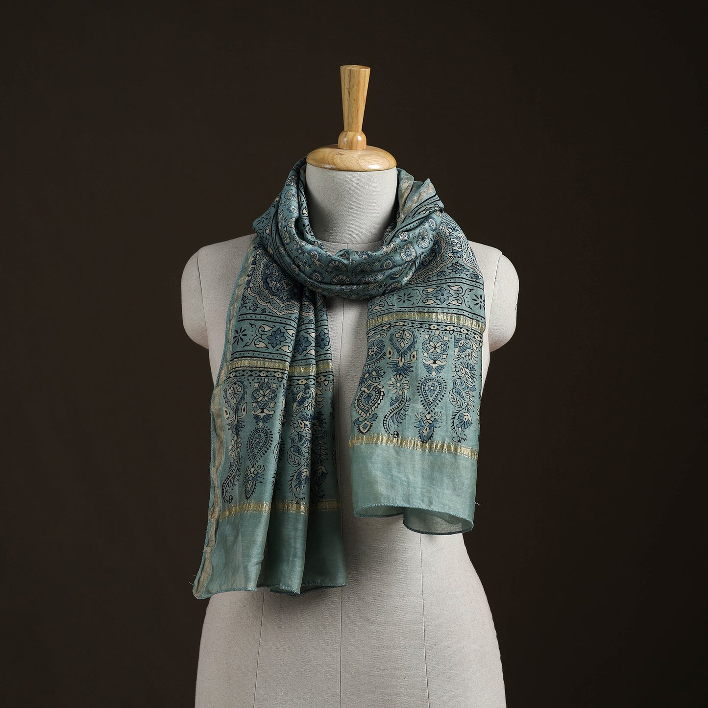 Handloom Chanderi Silk Ajrakh Hand Block Print Natural Dyed Stole 12