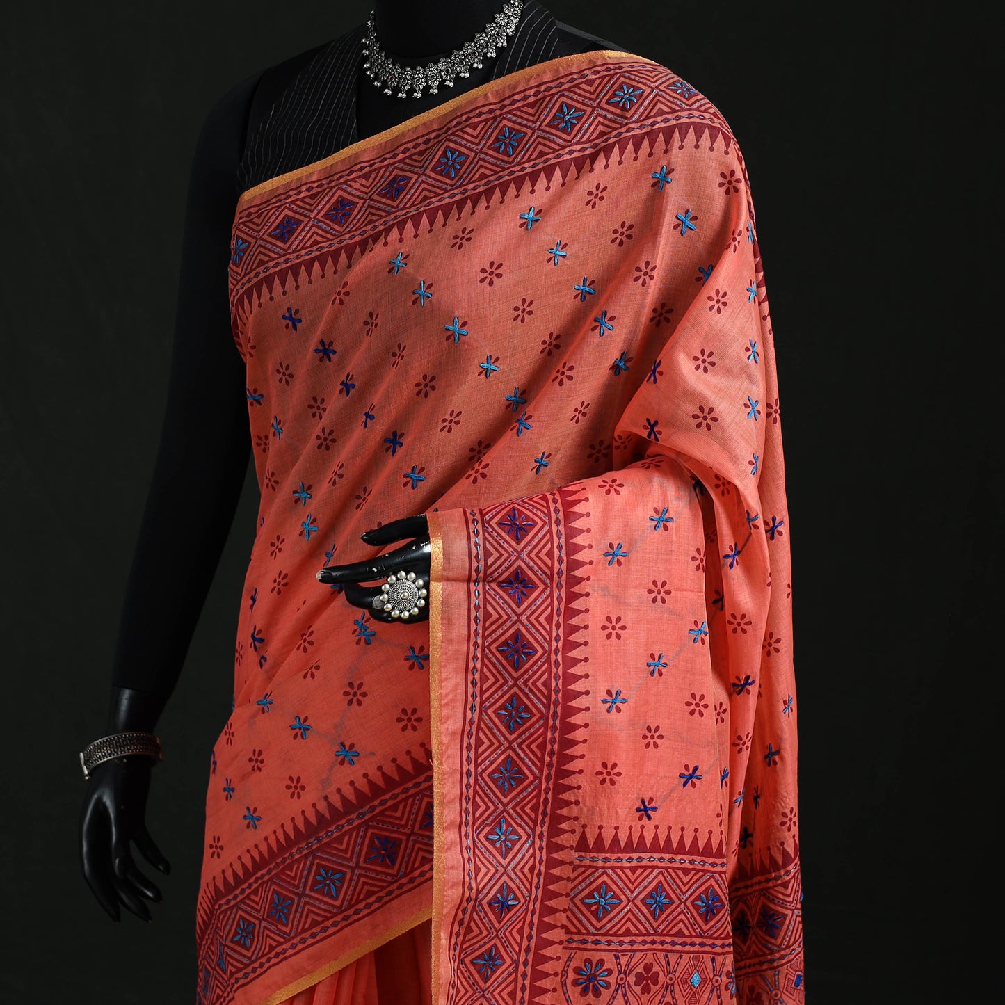 Peach - Bengal Kantha Hand Embroidery Silk Cotton Chapa Work Saree 60