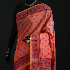 Peach - Bengal Kantha Hand Embroidery Silk Cotton Chapa Work Saree 60
