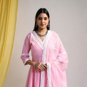 Lace Work Baby Pink Plain Cotton Anarkali Kurta with Dupatta Set