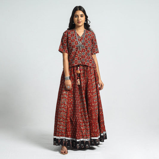 Red - Ajrakh Block Printed 24 Kali Patchwork Cotton Long Skirt