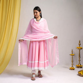 Lace Work Baby Pink Plain Cotton Anarkali Kurta with Dupatta Set