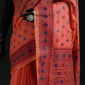Peach - Bengal Kantha Hand Embroidery Silk Cotton Chapa Work Saree 60