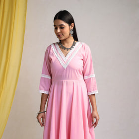 Lace Work Baby Pink Plain Cotton Anarkali Kurta with Dupatta Set