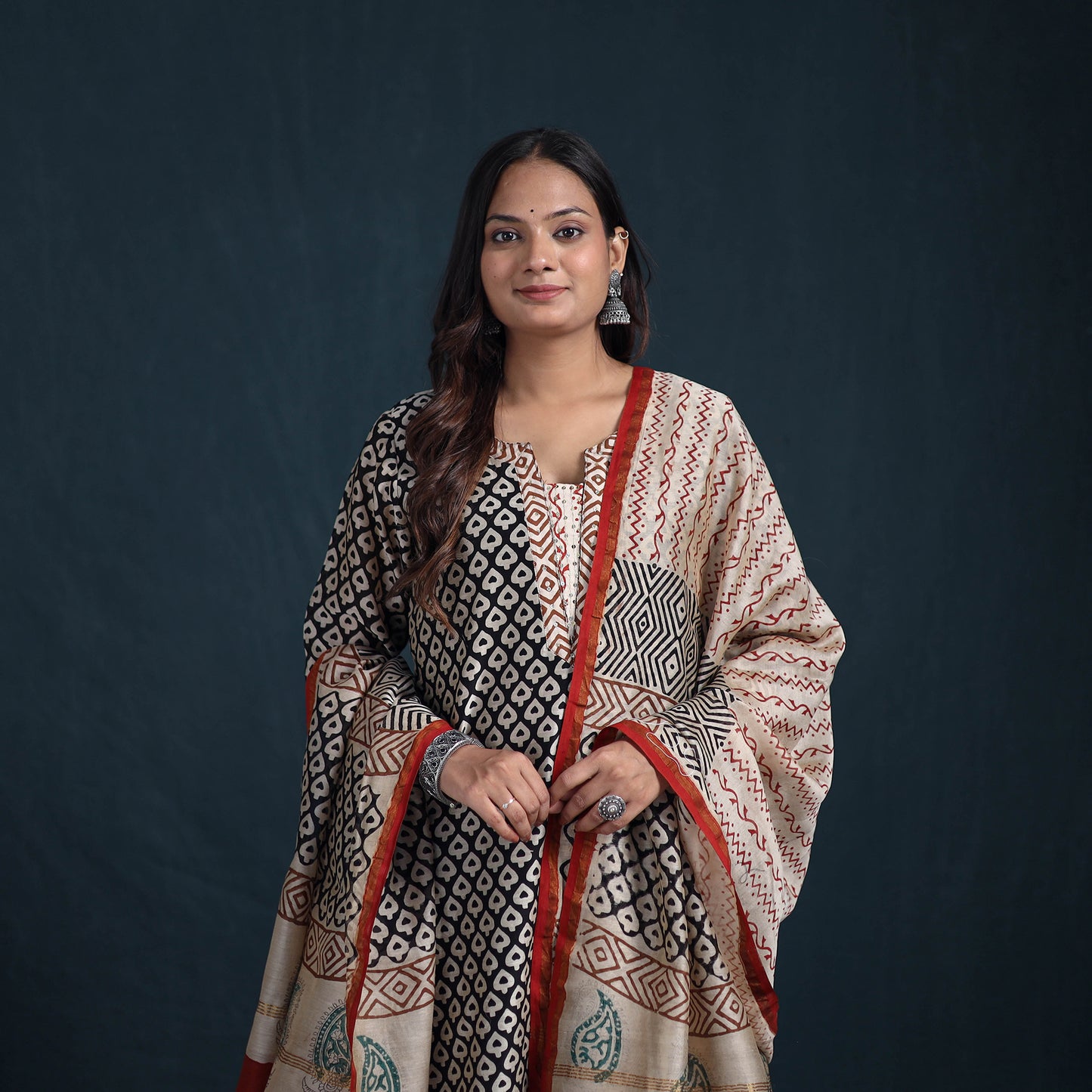 Sequin Work Bagru Hand Block Print Chanderi Silk Suit Set with Dupatta for Women 16