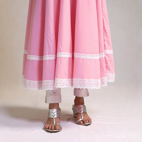 Lace Work Baby Pink Plain Cotton Anarkali Kurta with Dupatta Set